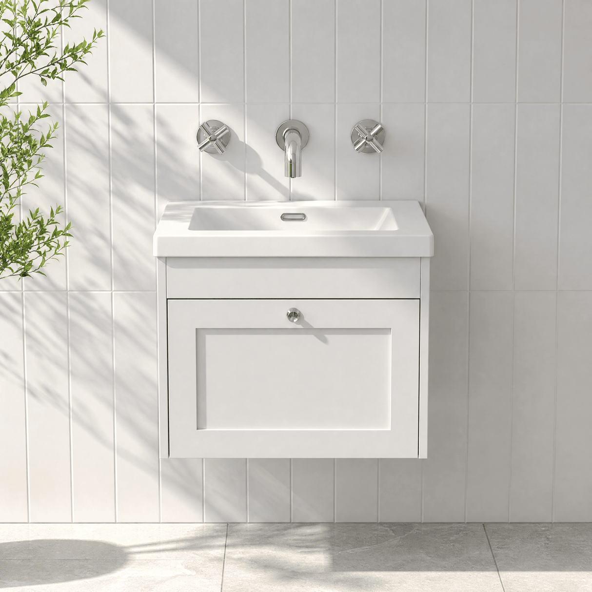 [BFHE194K] Balterley 600mm Wall Hung 1 Drawer Unit with Minimalist Basin No Tap Hole - Satin White - Lifestyle 1