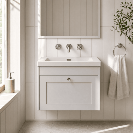 [BFHE194K] Balterley 600mm Wall Hung 1 Drawer Unit with Minimalist Basin No Tap Hole - Satin White - Silo