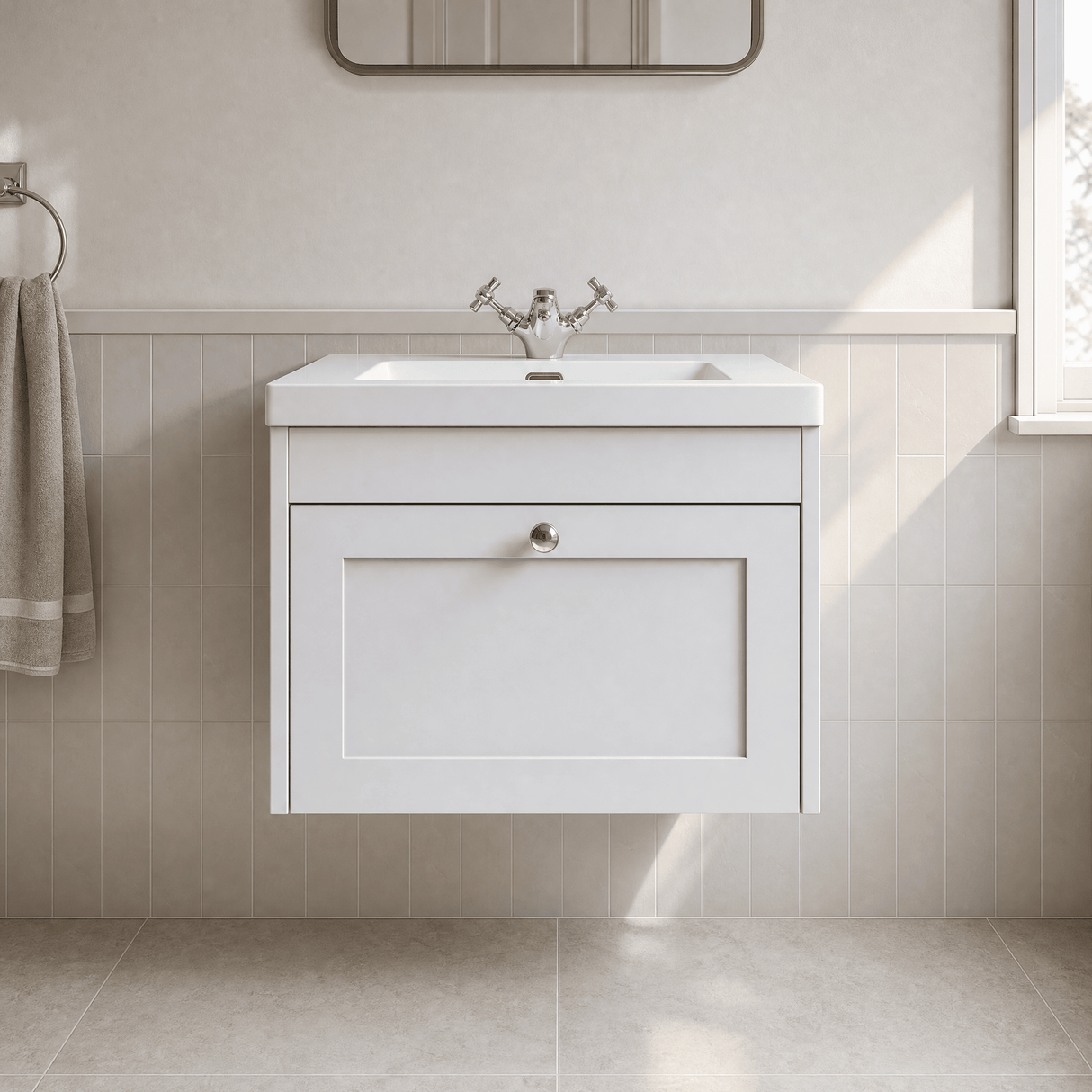 [BFHE194L] Balterley 600mm Wall Hung 1 Drawer Unit & Minimalist Basin 1 Tap Hole - Satin White - Lifestyle 1