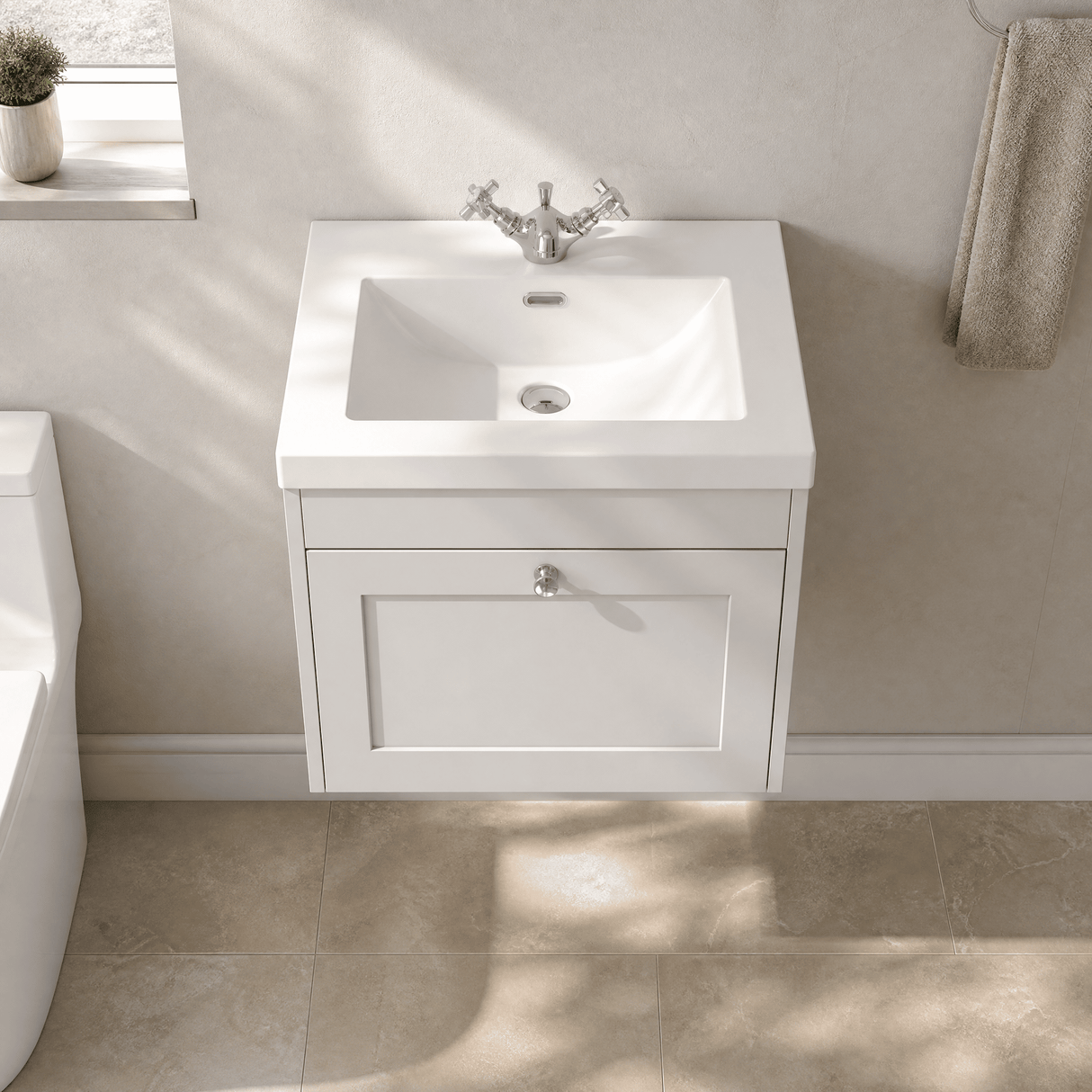 [BFHE194L] Balterley 600mm Wall Hung 1 Drawer Unit & Minimalist Basin 1 Tap Hole - Satin White - Lifestyle 2