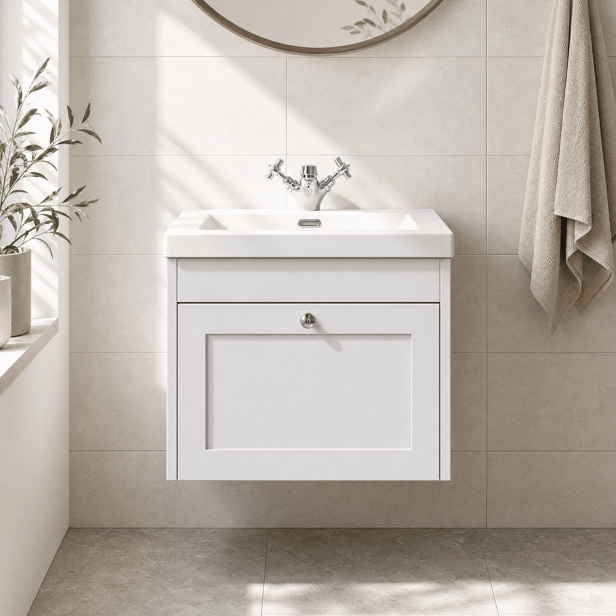 [BFHE194L] Balterley 600mm Wall Hung 1 Drawer Unit & Minimalist Basin 1 Tap Hole - Satin White - Silo