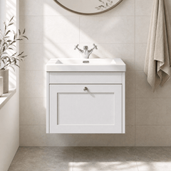 [BFHE194L] Balterley 600mm Wall Hung 1 Drawer Unit & Minimalist Basin 1 Tap Hole - Satin White - Silo