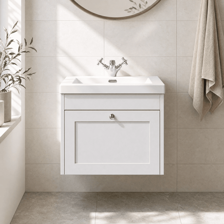 [BFHE194L] Balterley 600mm Wall Hung 1 Drawer Unit & Minimalist Basin 1 Tap Hole - Satin White - Silo