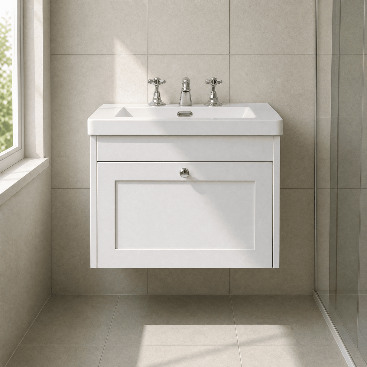 [BFHE194M] Balterley 600mm Wall Hung 1 Drawer Unit with Minimalist Basin 3 Tap Hole - Satin White - Lifestyle 1