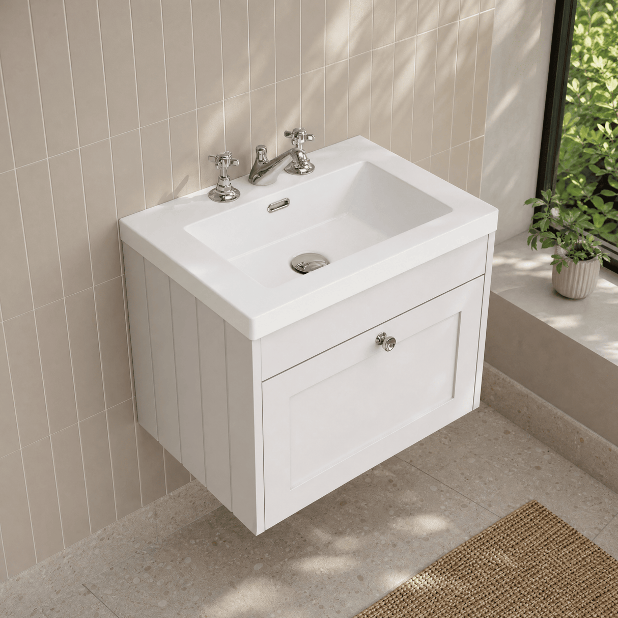 [BFHE194M] Balterley 600mm Wall Hung 1 Drawer Unit with Minimalist Basin 3 Tap Hole - Satin White - Lifestyle 2