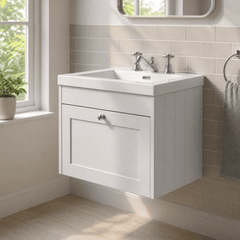 [BFHE194M] Balterley 600mm Wall Hung 1 Drawer Unit with Minimalist Basin 3 Tap Hole - Satin White - Lifestyle 3