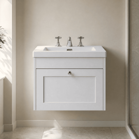 [BFHE194M] Balterley 600mm Wall Hung 1 Drawer Unit with Minimalist Basin 3 Tap Hole - Satin White - Silo