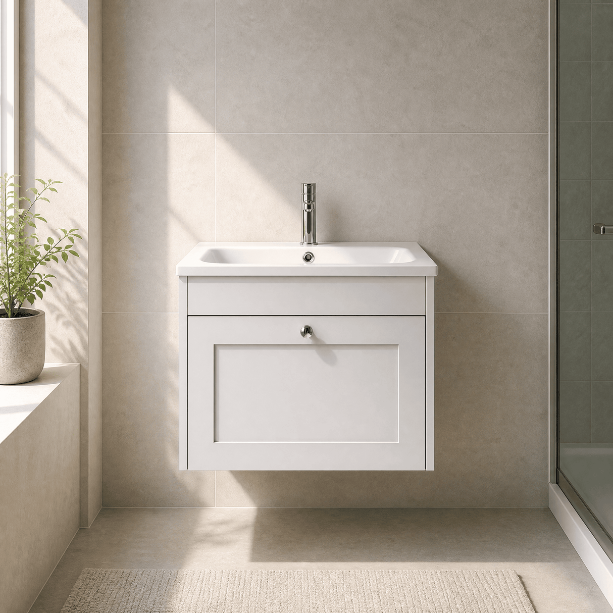 [BFHE194P] Balterley 600mm Wall Hung 1 Drawer Unit with Stone Basin 1 Tap Hole - Satin White - Lifestyle 1