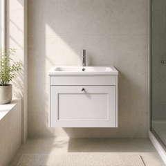 [BFHE194P] Balterley 600mm Wall Hung 1 Drawer Unit with Stone Basin 1 Tap Hole - Satin White - Lifestyle 1