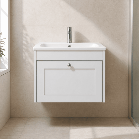 [BFHE194P] Balterley 600mm Wall Hung 1 Drawer Unit with Stone Basin 1 Tap Hole - Satin White - Silo