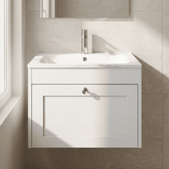 [BFHE194Q] Balterley 600mm Wall Hung 1 Drawer Unit with Stone Basin 1 Tap Hole, Satin White - Lifestyle 1