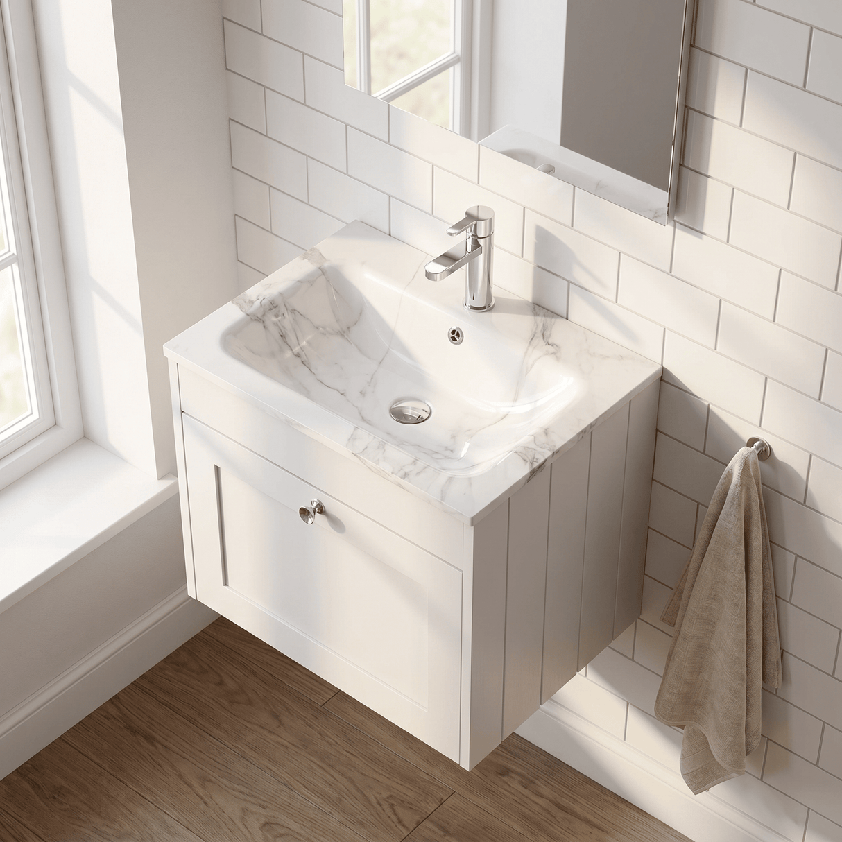 [BFHE194Q] Balterley 600mm Wall Hung 1 Drawer Unit with Stone Basin 1 Tap Hole, Satin White - Lifestyle 2