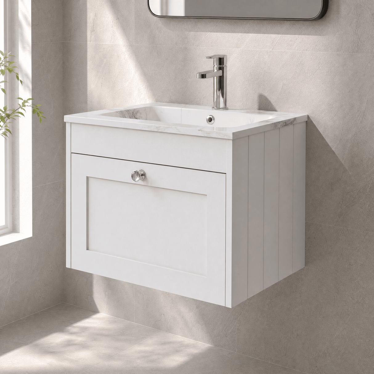 [BFHE194Q] Balterley 600mm Wall Hung 1 Drawer Unit with Stone Basin 1 Tap Hole, Satin White - Lifestyle 3