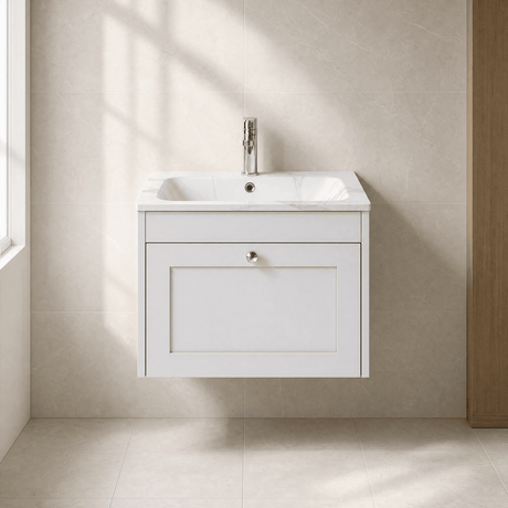 [BFHE194Q] Balterley 600mm Wall Hung 1 Drawer Unit with Stone Basin 1 Tap Hole, Satin White - Silo
