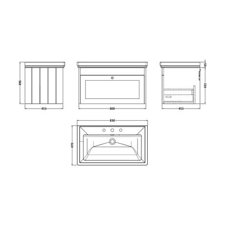 [BFHE196B] Balterley 800mm Wall Hung 1 Drawer Unit with Classic Basin 3 Tap Hole - Satin White - Technical Drawing
