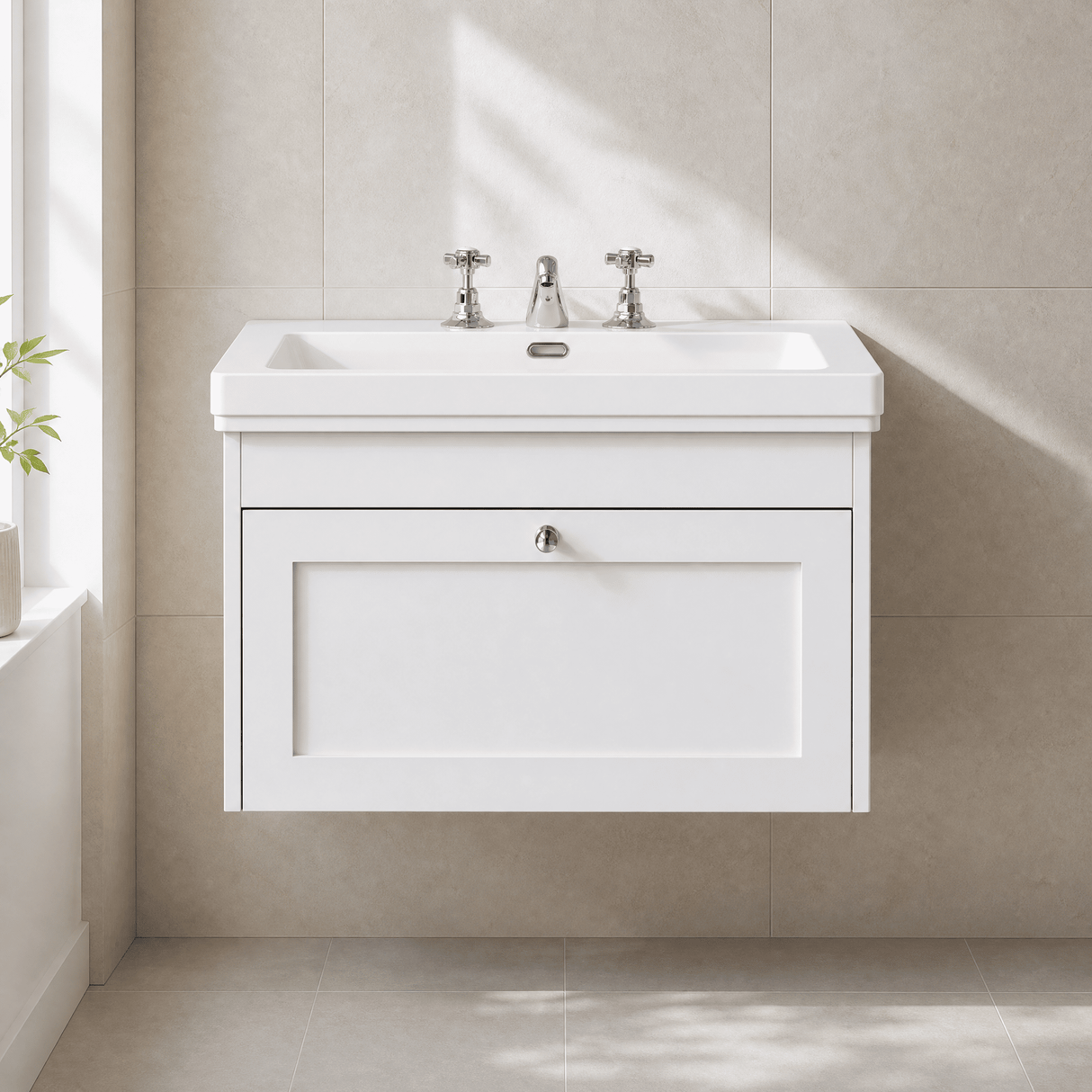 [BFHE196B] Balterley 800mm Wall Hung 1 Drawer Unit with Classic Basin 3 Tap Hole - Satin White - Lifestyle 1