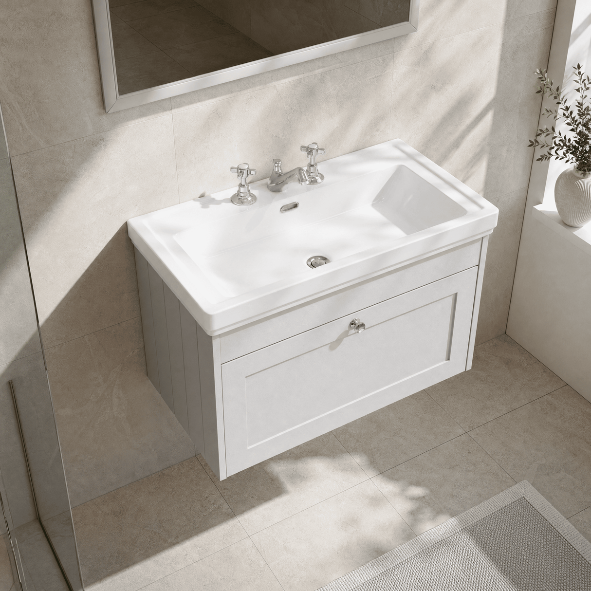 [BFHE196B] Balterley 800mm Wall Hung 1 Drawer Unit with Classic Basin 3 Tap Hole - Satin White - Lifestyle 2