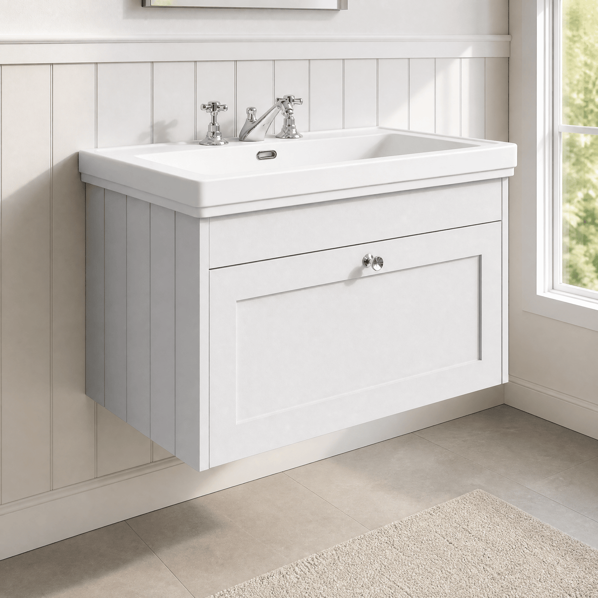 [BFHE196B] Balterley 800mm Wall Hung 1 Drawer Unit with Classic Basin 3 Tap Hole - Satin White - Lifestyle 3