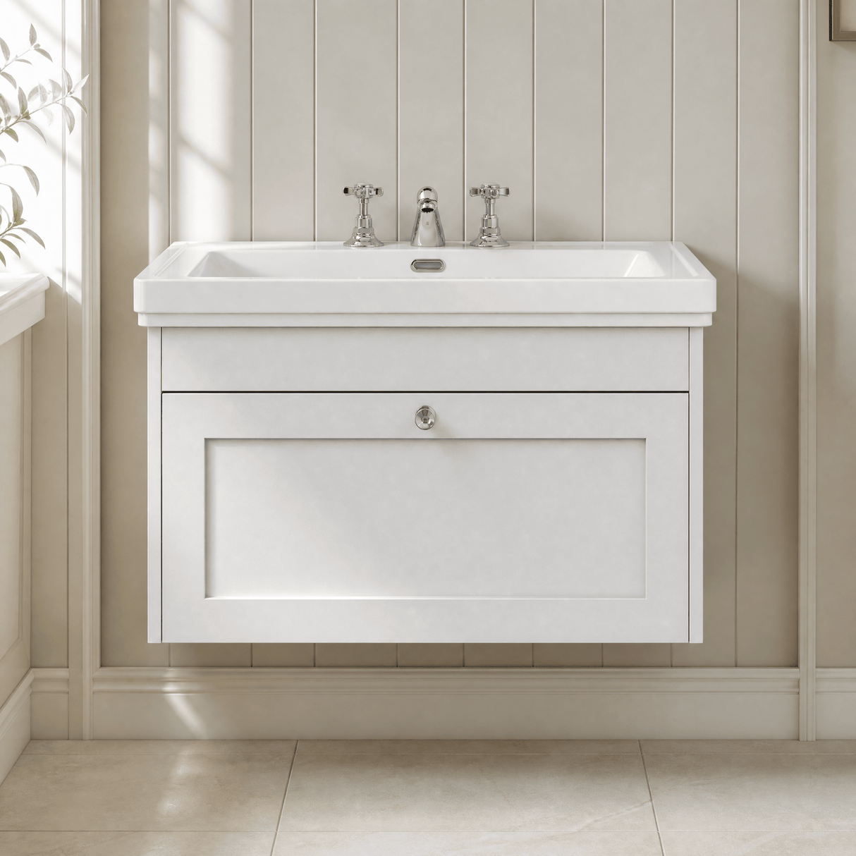 [BFHE196B] Balterley 800mm Wall Hung 1 Drawer Unit with Classic Basin 3 Tap Hole - Satin White - Silo