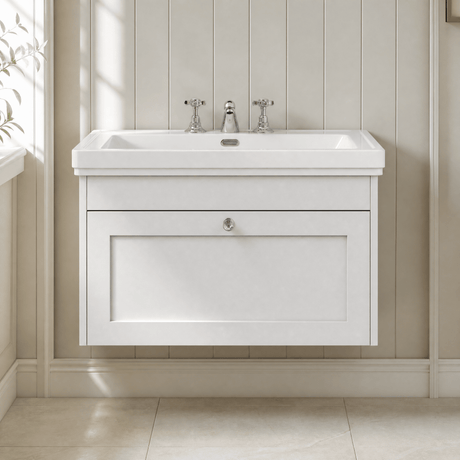 [BFHE196B] Balterley 800mm Wall Hung 1 Drawer Unit with Classic Basin 3 Tap Hole - Satin White - Silo
