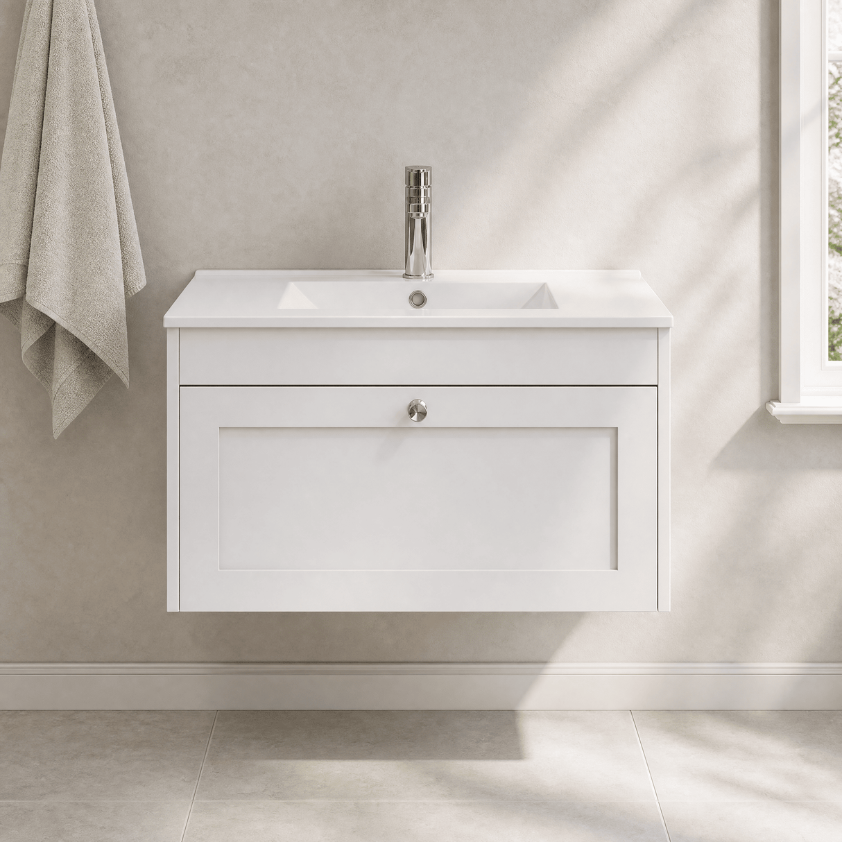 [BFHE196C] Balterley 800mm Wall Hung 1 Drawer Unit with Minimalist Basin 1 Tap Hole - Satin White - Lifestyle 1
