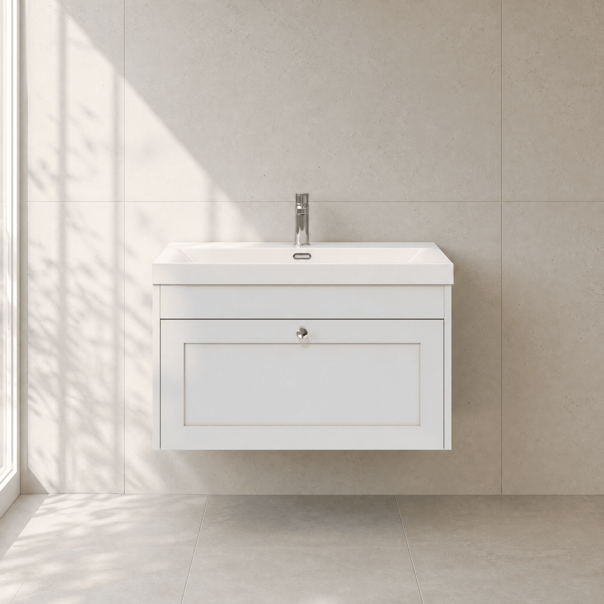 [BFHE196E] Balterley 800mm Wall Hung 1 Drawer Unit with Thin Edge Basin 1 Tap Hole - Satin White - Lifestyle 1