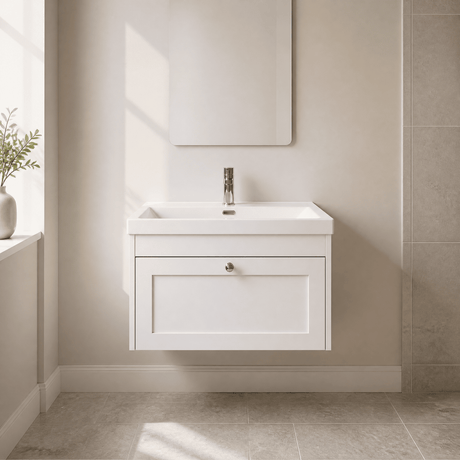 [BFHE196E] Balterley 800mm Wall Hung 1 Drawer Unit with Thin Edge Basin 1 Tap Hole - Satin White - Silo