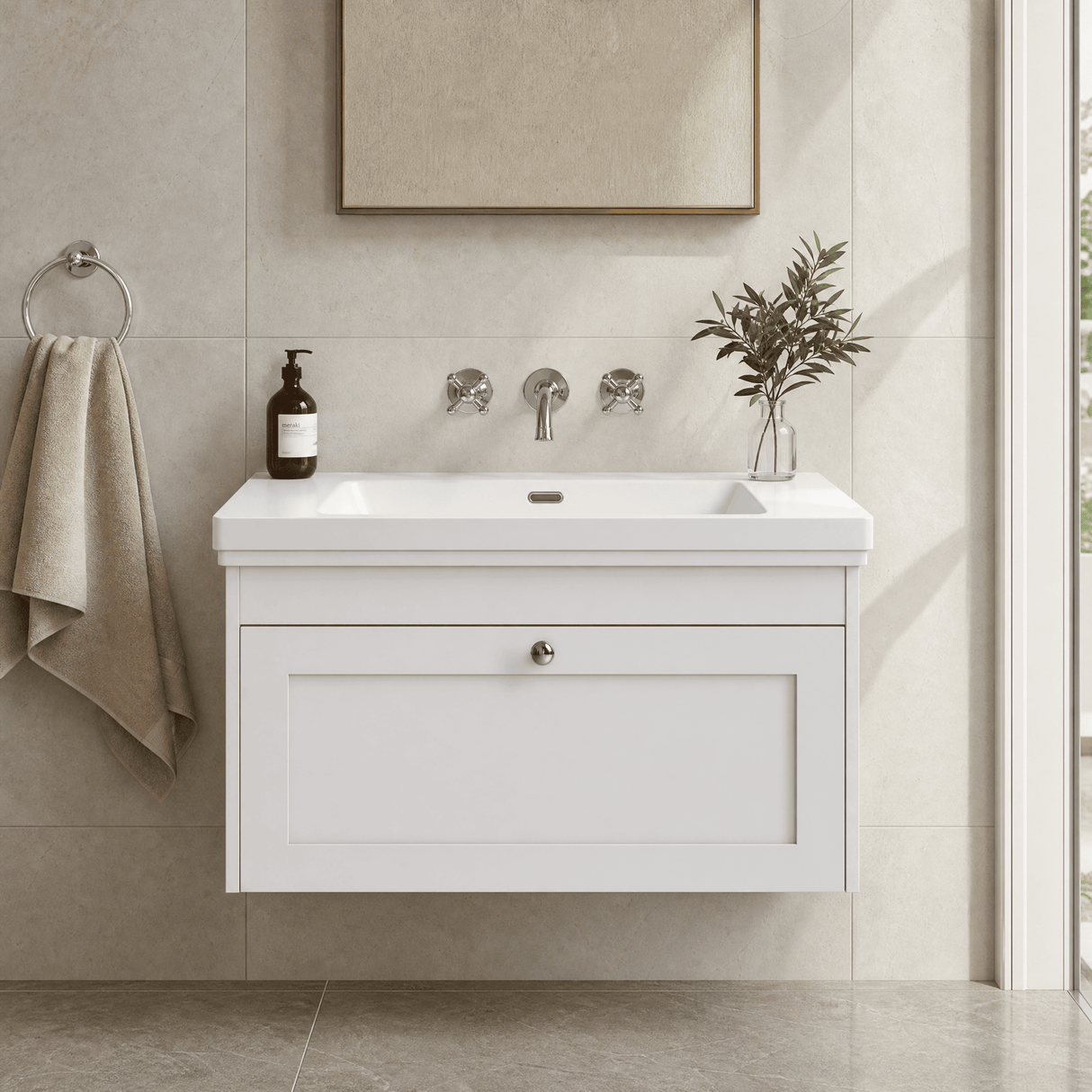 [BFHE196H] Balterley 800mm Wall Hung 1 Drawer Unit with Classic Basin No Tap Hole - Satin White - Lifestyle 1