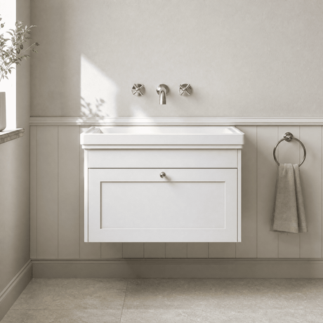 [BFHE196H] Balterley 800mm Wall Hung 1 Drawer Unit with Classic Basin No Tap Hole - Satin White - Silo