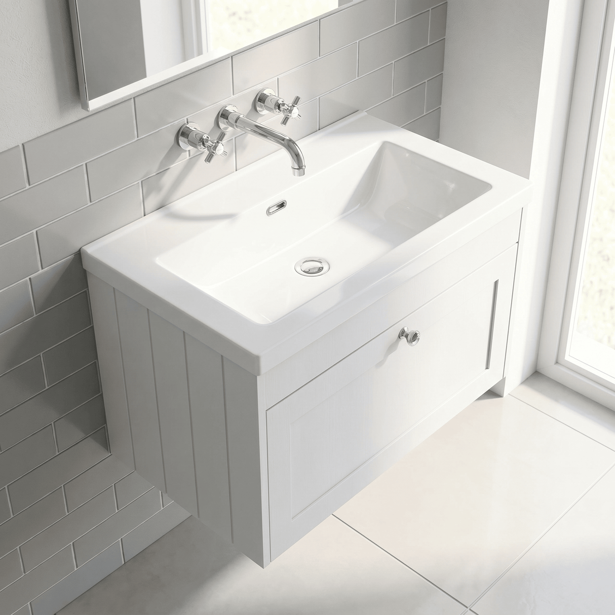 [BFHE196K] Balterley 800mm Wall Hung 1 Drawer Unit with Minimalist Basin No Tap Hole - Satin White - Lifestyle 2