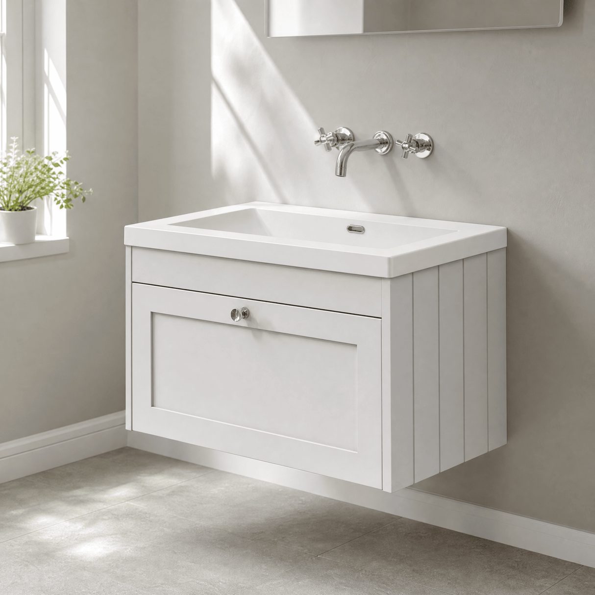 [BFHE196K] Balterley 800mm Wall Hung 1 Drawer Unit with Minimalist Basin No Tap Hole - Satin White - Lifestyle 3