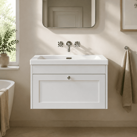 [BFHE196K] Balterley 800mm Wall Hung 1 Drawer Unit with Minimalist Basin No Tap Hole - Satin White - Silo