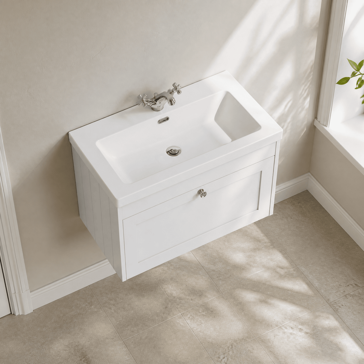[BFHE196L] Balterley 800mm Wall Hung 1 Drawer Unit & Minimalist Basin 1 Tap Hole - Satin White - Lifestyle 2