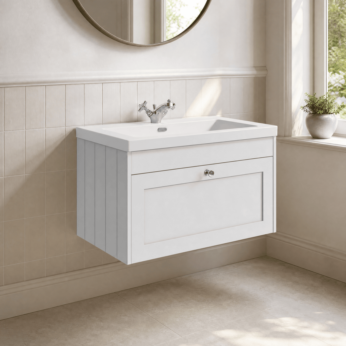 [BFHE196L] Balterley 800mm Wall Hung 1 Drawer Unit & Minimalist Basin 1 Tap Hole - Satin White - Lifestyle 3