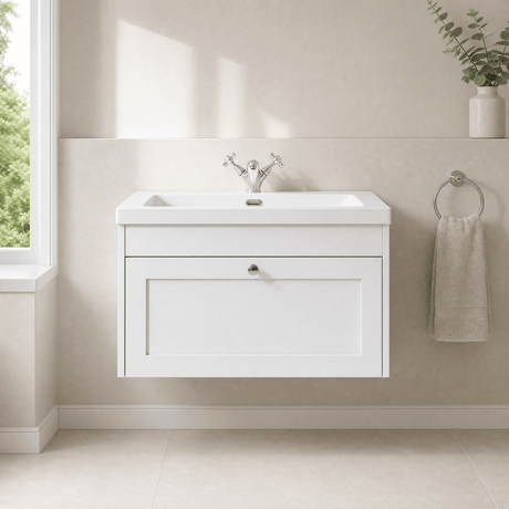 [BFHE196L] Balterley 800mm Wall Hung 1 Drawer Unit & Minimalist Basin 1 Tap Hole - Satin White - Silo