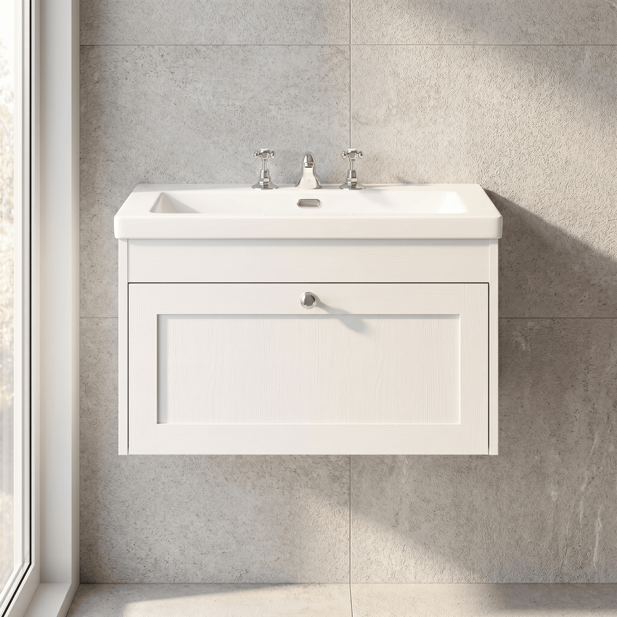 [BFHE196M] Balterley 800mm Wall Hung 1 Drawer Unit with Minimalist Basin 3 Tap Hole - Satin White - Lifestyle 1