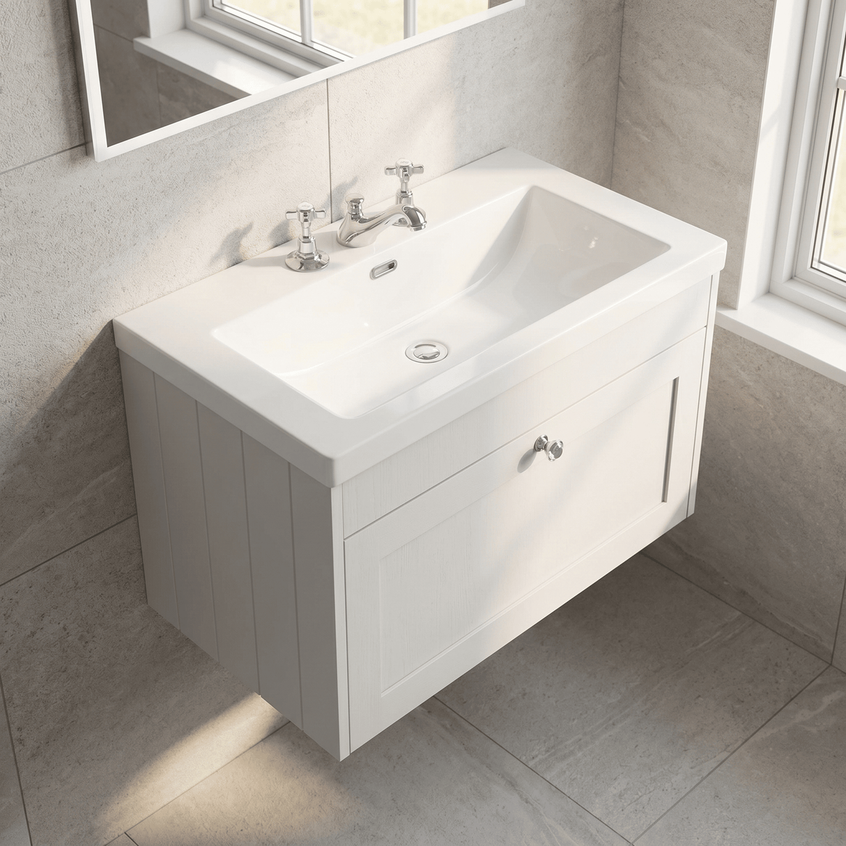 [BFHE196M] Balterley 800mm Wall Hung 1 Drawer Unit with Minimalist Basin 3 Tap Hole - Satin White - Lifestyle 2