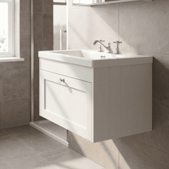 [BFHE196M] Balterley 800mm Wall Hung 1 Drawer Unit with Minimalist Basin 3 Tap Hole - Satin White - Lifestyle 3