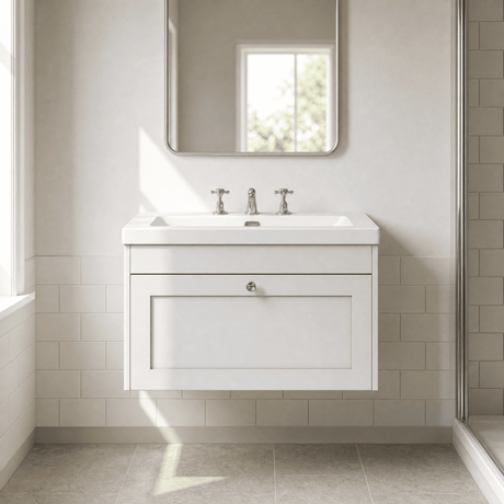 [BFHE196M] Balterley 800mm Wall Hung 1 Drawer Unit with Minimalist Basin 3 Tap Hole - Satin White - Silo