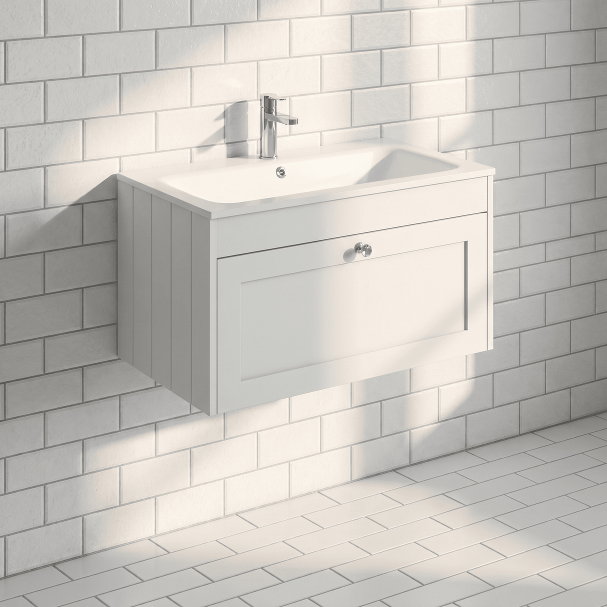 [BFHE196P] Balterley 800mm Wall Hung 1 Drawer Unit with Stone Basin 1 Tap Hole - Satin White - Lifestyle 2
