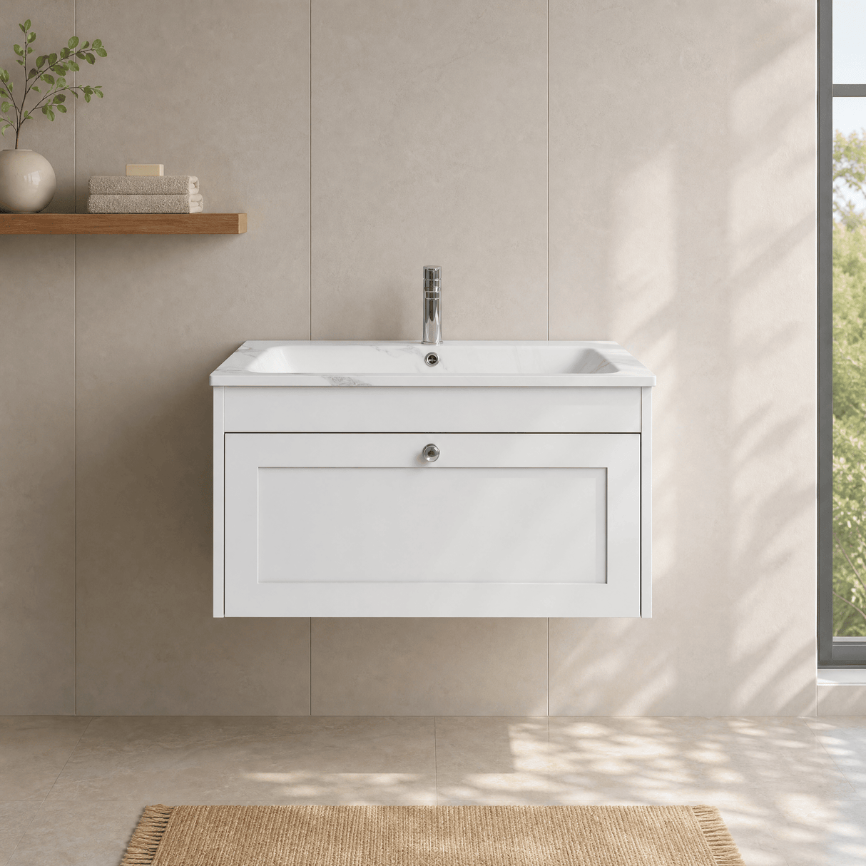 [BFHE196Q] Balterley 800mm Wall Hung 1 Drawer Unit with Stone Basin 1 Tap Hole, Satin White - Lifestyle 1
