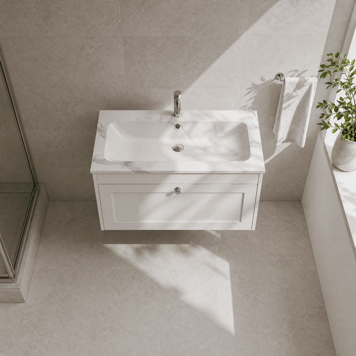 [BFHE196Q] Balterley 800mm Wall Hung 1 Drawer Unit with Stone Basin 1 Tap Hole, Satin White - Lifestyle 2