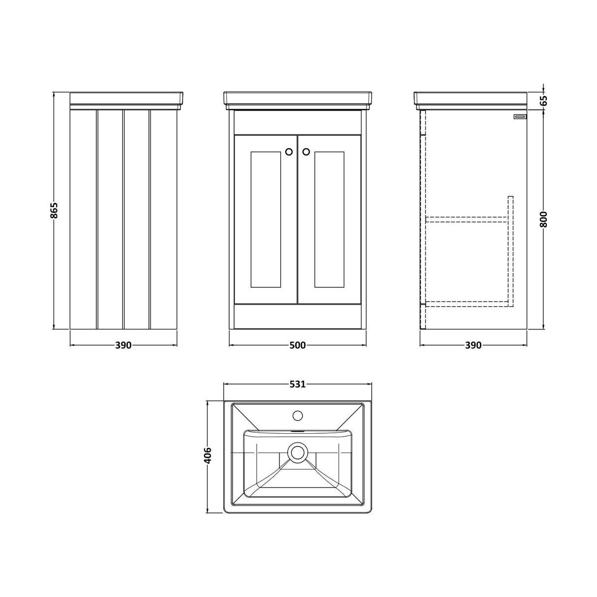 [BFHE223A] Balterley 500mm Floor Standing 2 Door Unit with Classic Basin 1 Tap Hole - Satin Grey - Technical Drawing