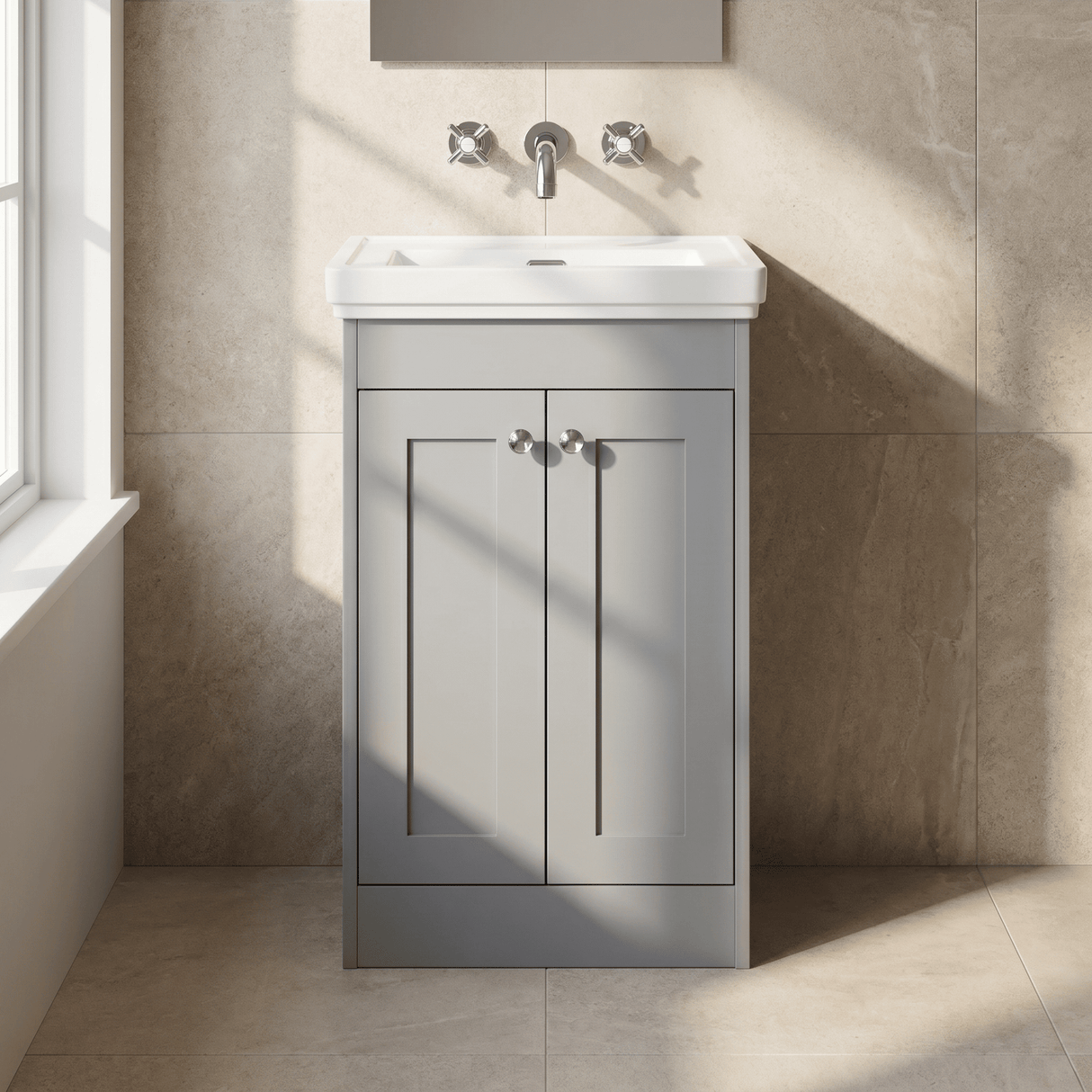 [BFHE223H] Balterley 500mm Floor Standing 2 Door Unit with Classic Basin No Tap Hole - Satin Grey - Silo