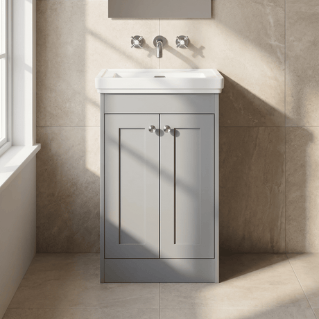 [BFHE223H] Balterley 500mm Floor Standing 2 Door Unit with Classic Basin No Tap Hole - Satin Grey - Silo