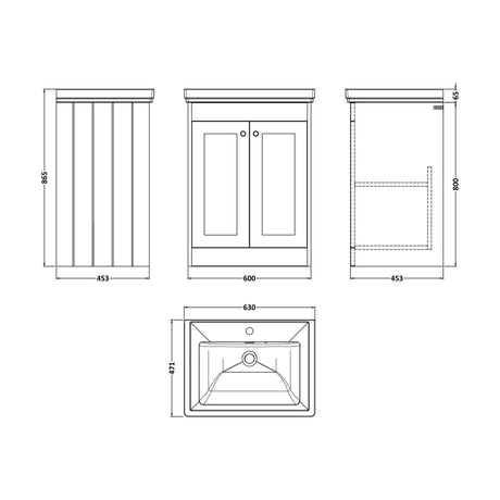 [BFHE225A] Balterley 600mm Floor Standing 2 Door Unit with Classic Basin 1 Tap Hole - Satin Grey - Technical Drawing