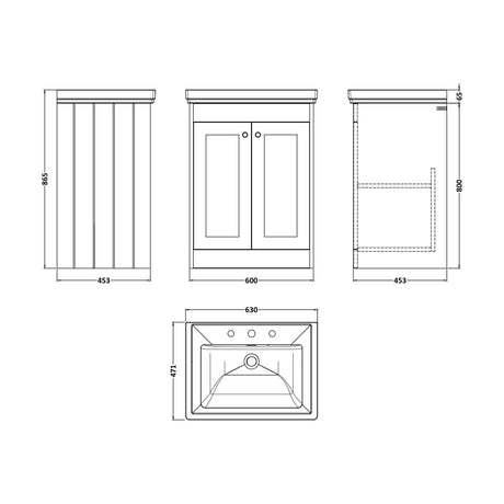 [BFHE225B] Balterley 600mm Floor Standing 2 Door Unit with Classic Basin 3 Tap Hole - Satin Grey - Technical Drawing