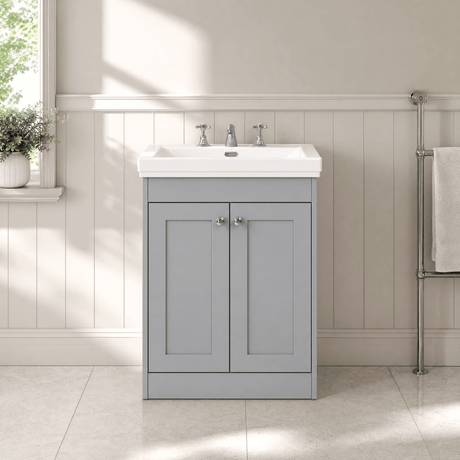 [BFHE225B] Balterley 600mm Floor Standing 2 Door Unit with Classic Basin 3 Tap Hole - Satin Grey - Silo