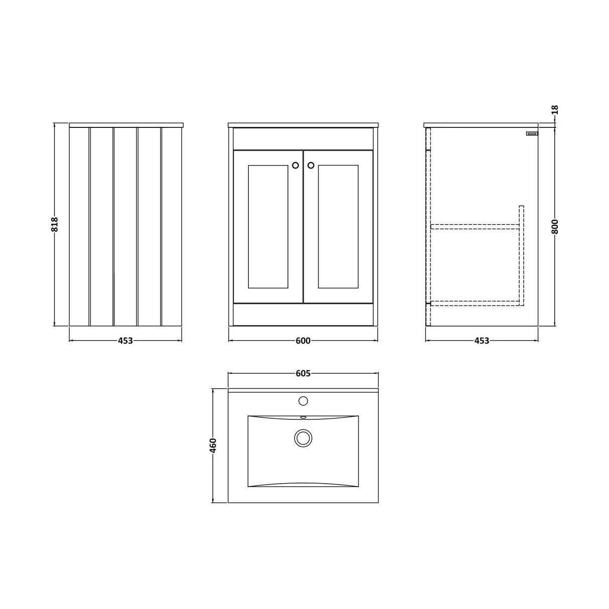[BFHE225C] Balterley 600mm Floor Standing 2 Door Unit with Minimalist Basin 1 Tap Hole - Satin Grey - Technical Drawing