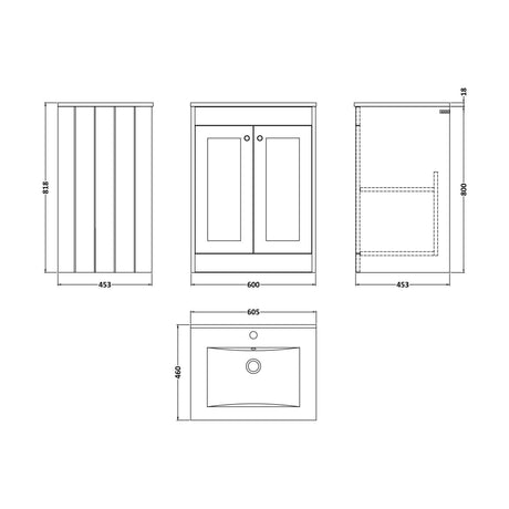 [BFHE225C] Balterley 600mm Floor Standing 2 Door Unit with Minimalist Basin 1 Tap Hole - Satin Grey - Technical Drawing